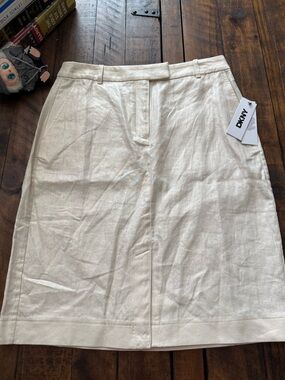 NWT Sz 4 DKNY Ivory Linen-Blend Gold Sparkle Pencil Skirt